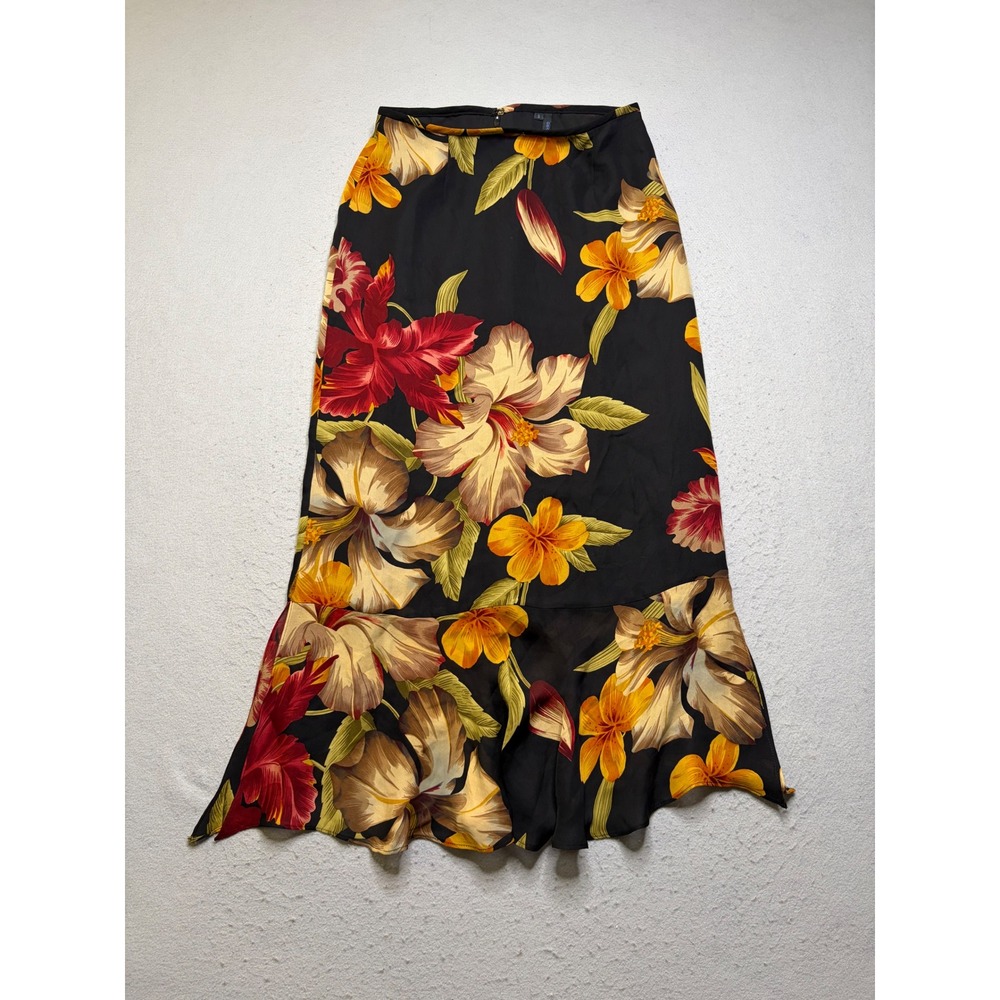 Drama Silk Maxi Skirt Women 8 Black Floral Vintage 90s Made in USA Mermaid Hem